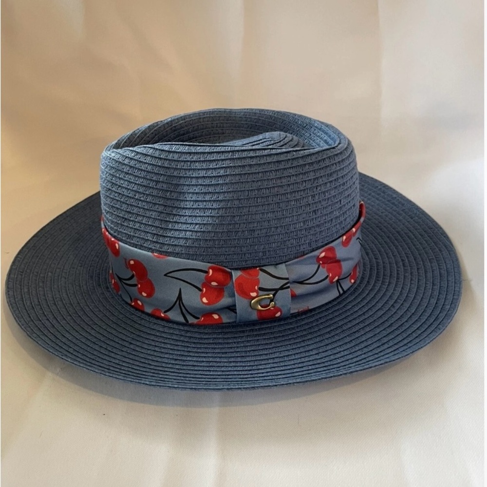 NEW Coach Straw Brimmed Hat with Cherry Print Scarf
